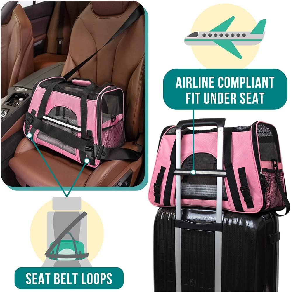 Airline Approved Pet Carrier – Soft-Sided Cat & Small Dog Travel Bag, Ventilated Carrying Case for Kittens & Puppies, Large Pink