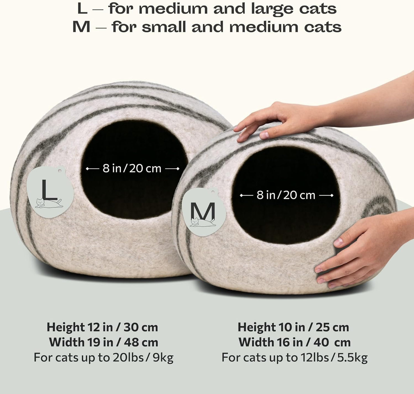 Cat Cave β Premium Felt Cat Bed for Indoor Cats, Handmade 100% Merino Wool (Light Grey, Medium)