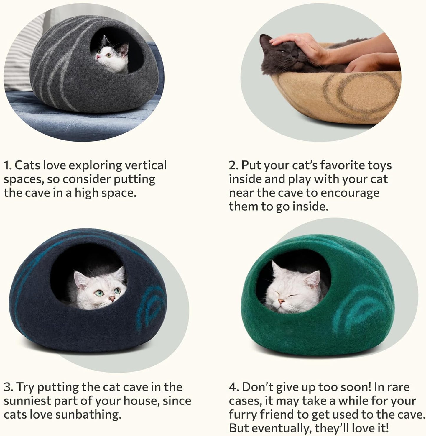 Cat Cave β Premium Felt Cat Bed for Indoor Cats, Handmade 100% Merino Wool (Light Grey, Medium)