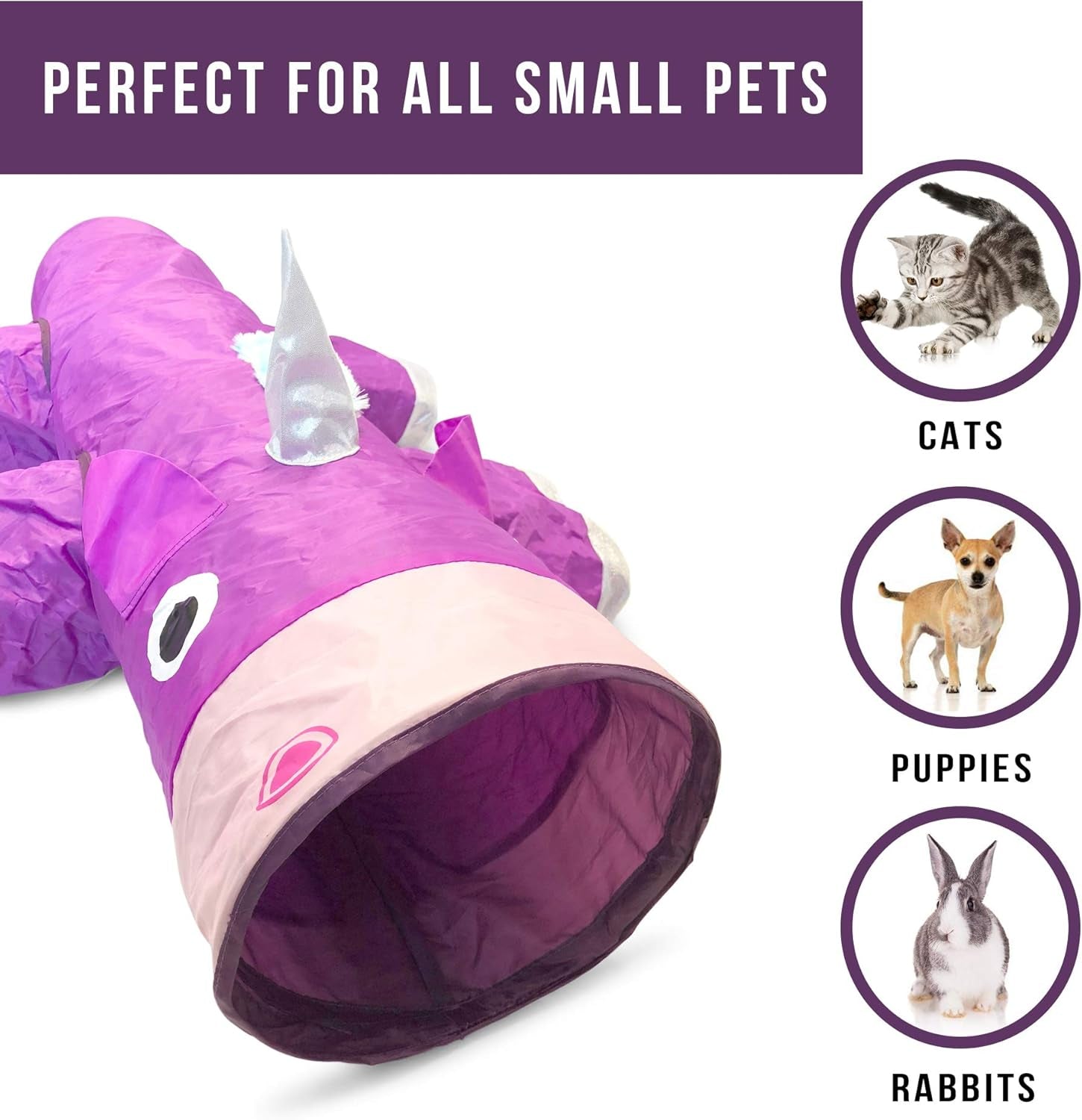 Magic Mewnicorn Multi-Cat Tunnel – Crinkle Play Tube with Feather String, Boredom Relief Toy for Cats, Kittens, Rabbits, Guinea Pigs & Small Dogs