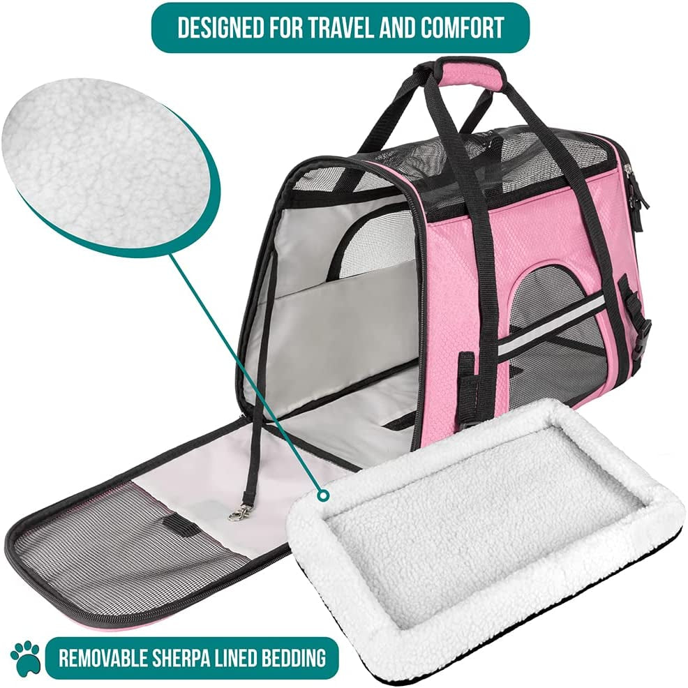 Airline Approved Pet Carrier – Soft-Sided Cat & Small Dog Travel Bag, Ventilated Carrying Case for Kittens & Puppies, Large Pink