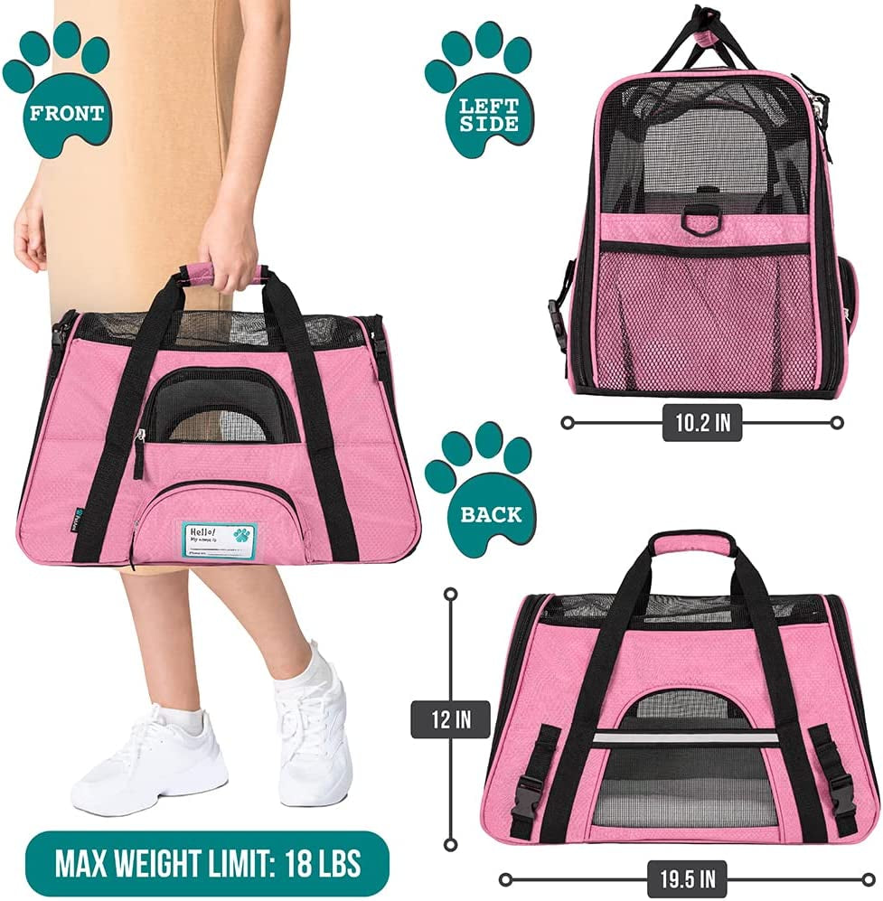 Airline Approved Pet Carrier – Soft-Sided Cat & Small Dog Travel Bag, Ventilated Carrying Case for Kittens & Puppies, Large Pink