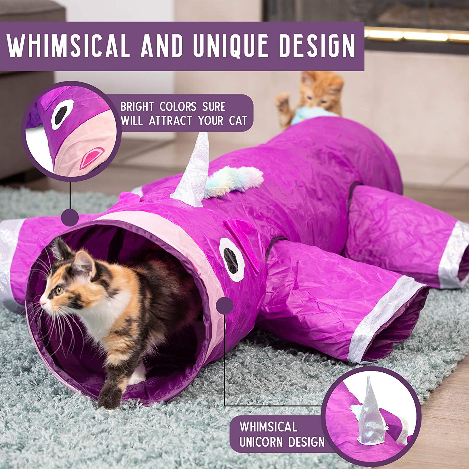Magic Mewnicorn Multi-Cat Tunnel – Crinkle Play Tube with Feather String, Boredom Relief Toy for Cats, Kittens, Rabbits, Guinea Pigs & Small Dogs