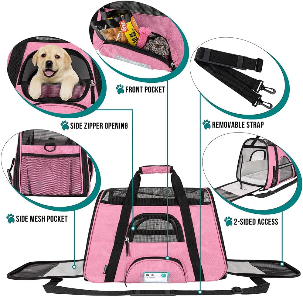 Airline Approved Pet Carrier – Soft-Sided Cat & Small Dog Travel Bag, Ventilated Carrying Case for Kittens & Puppies, Large Pink