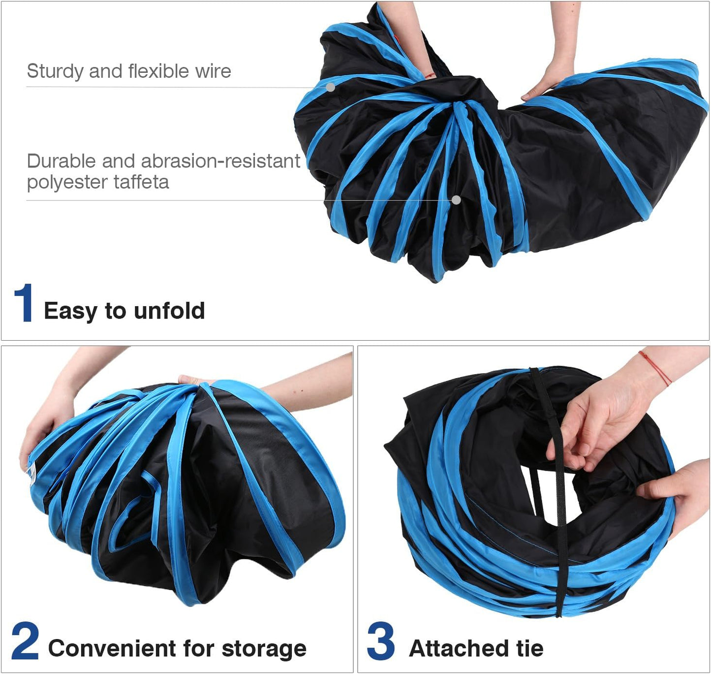 Cat Tunnel, Premium 4 Way Tunnels Extensible Collapsible Cat Play Tunnel Toy Maze Interactive Tube Toy Cat House with Pompon and Bells for Cat Puppy Kitten Rabbit, Black & Light Blue