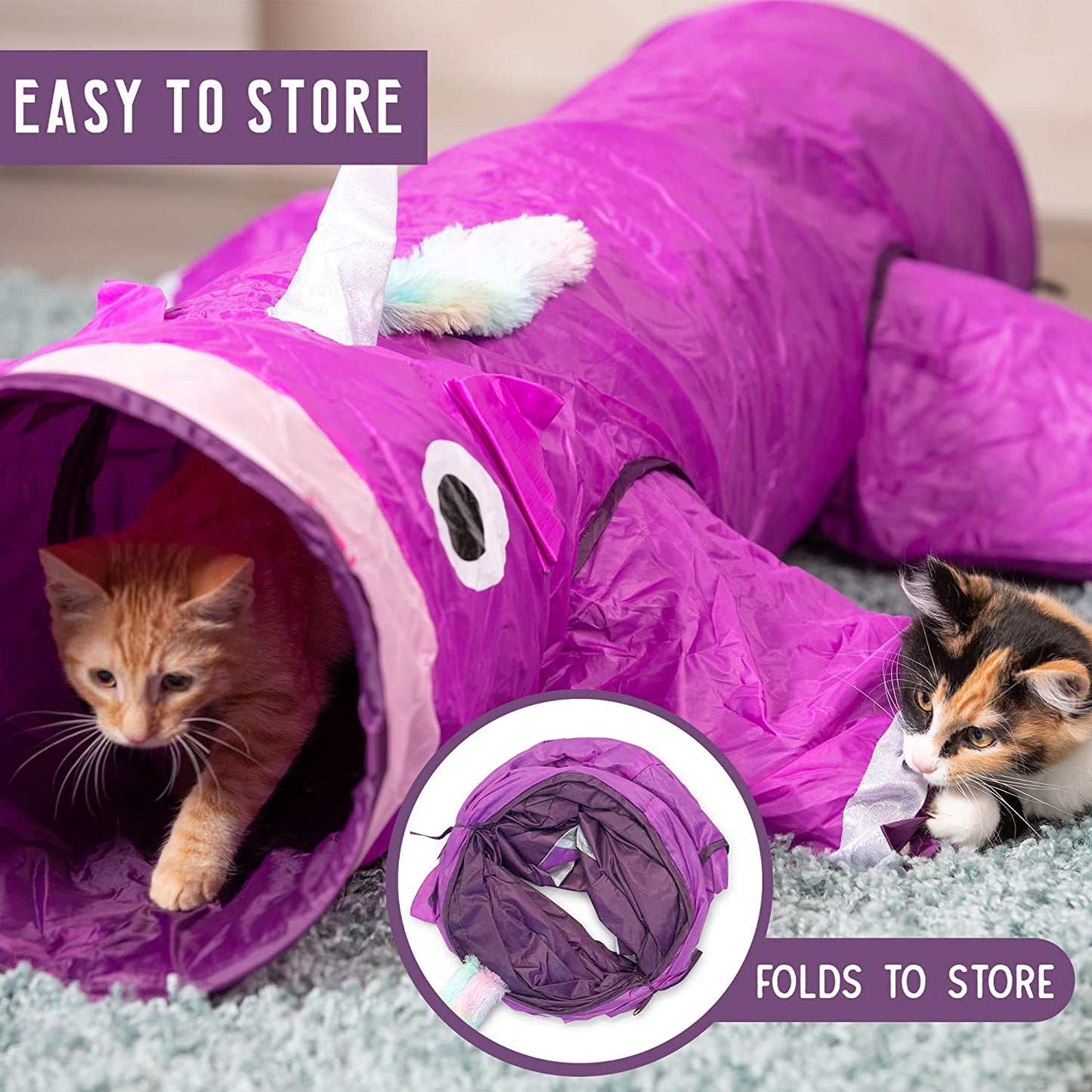 Magic Mewnicorn Multi-Cat Tunnel – Crinkle Play Tube with Feather String, Boredom Relief Toy for Cats, Kittens, Rabbits, Guinea Pigs & Small Dogs
