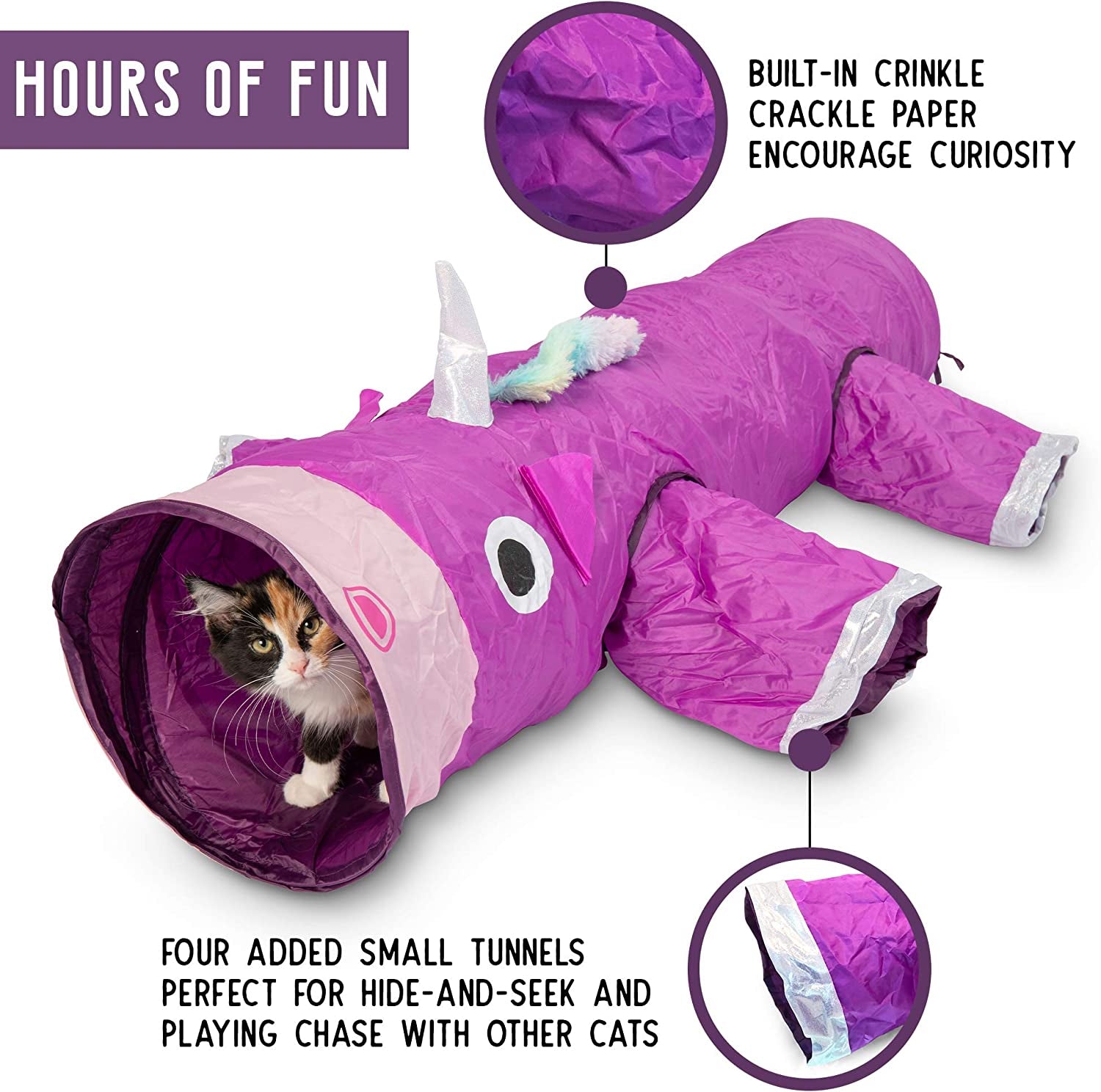 Magic Mewnicorn Multi-Cat Tunnel – Crinkle Play Tube with Feather String, Boredom Relief Toy for Cats, Kittens, Rabbits, Guinea Pigs & Small Dogs